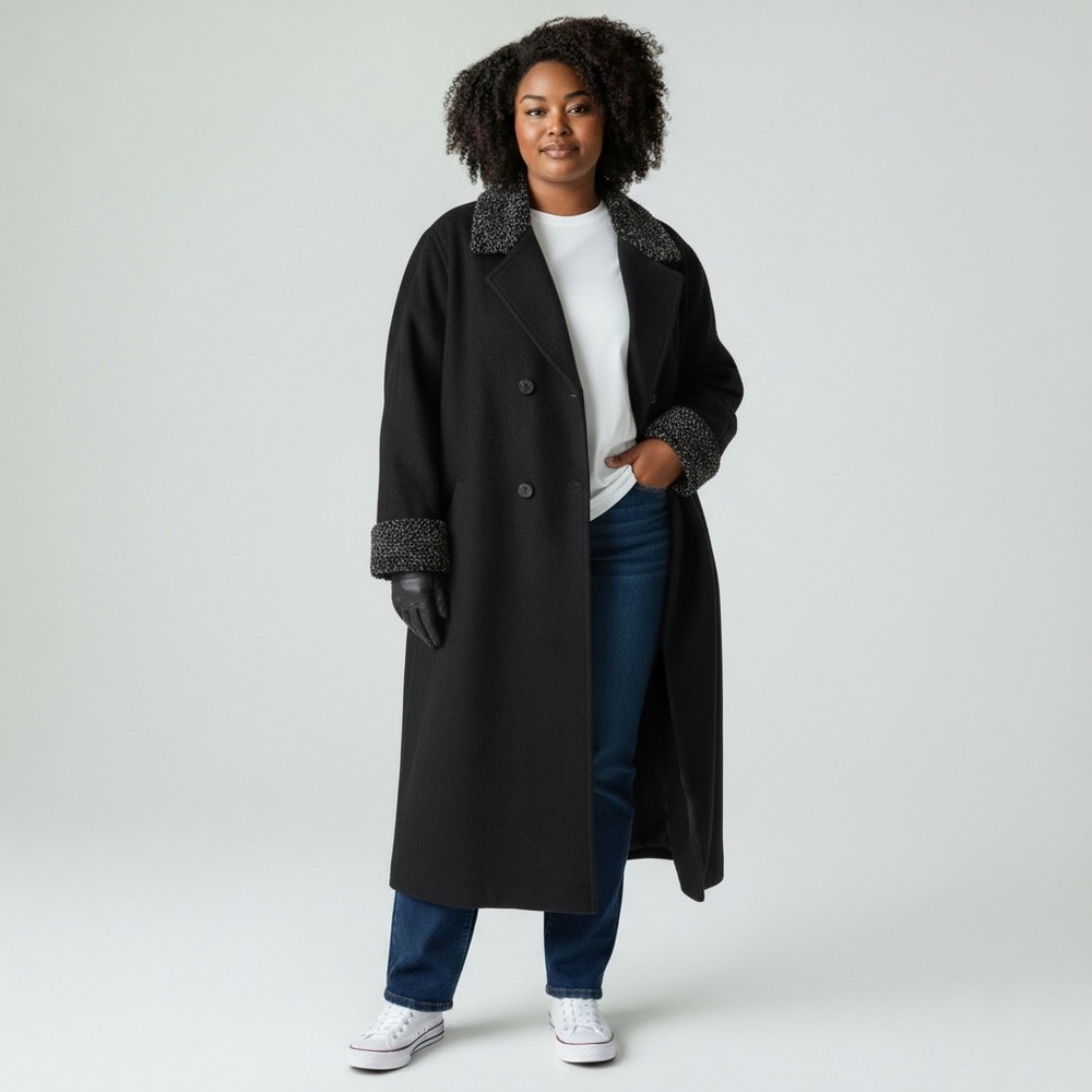 Black Long Double-Breasted Coat with Contrast Trim
